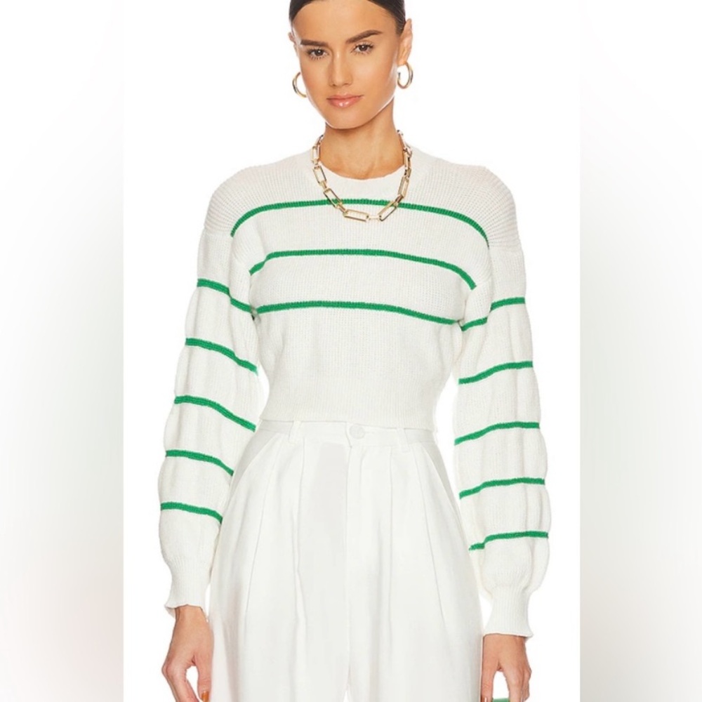 Sophia green + white striped sweater XS superdown bubble sleeves tailored waist